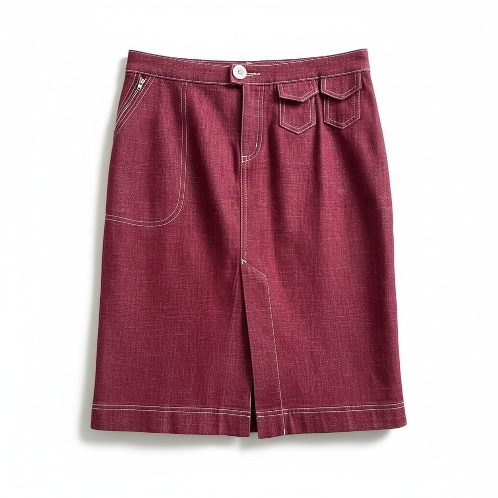 Mon Petit Oiseau Skirt 2 Burgundy Denim Contrast Stitch Bird Art to Wear